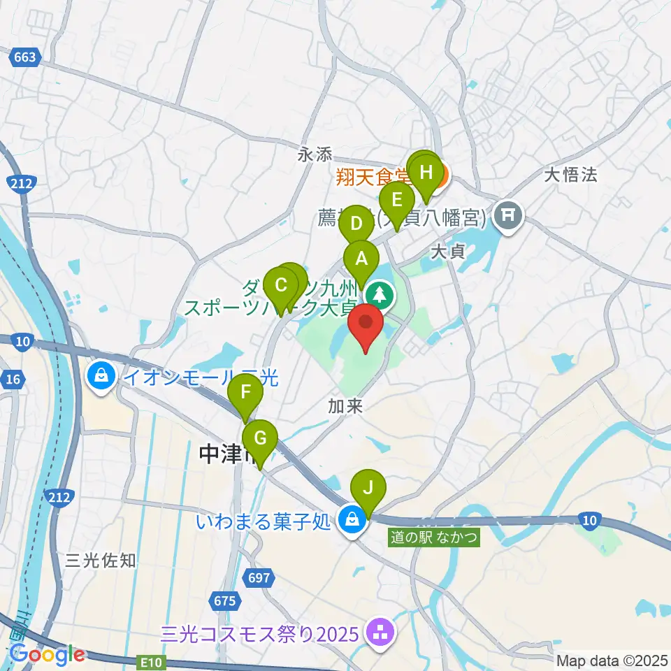 ダイハツ九州スタジアム周辺のファミレス・ファーストフード一覧地図