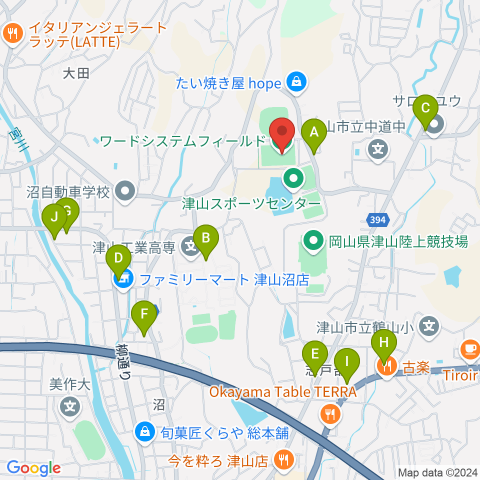 ワードシステムフィールド周辺のファミレス・ファーストフード一覧地図