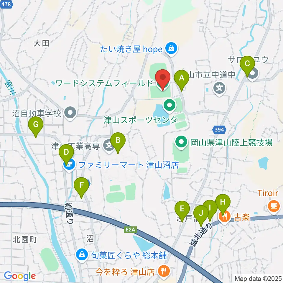 ワードシステムフィールド周辺のファミレス・ファーストフード一覧地図