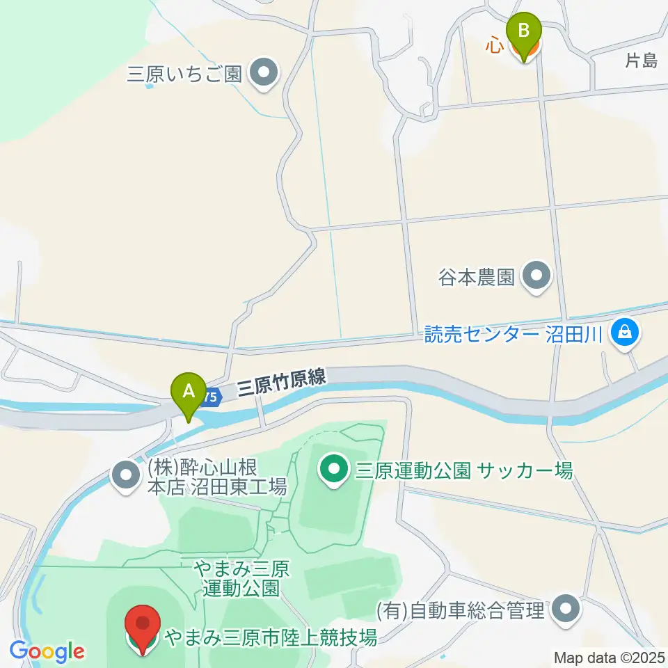 やまみ三原市陸上競技場周辺のファミレス・ファーストフード一覧地図