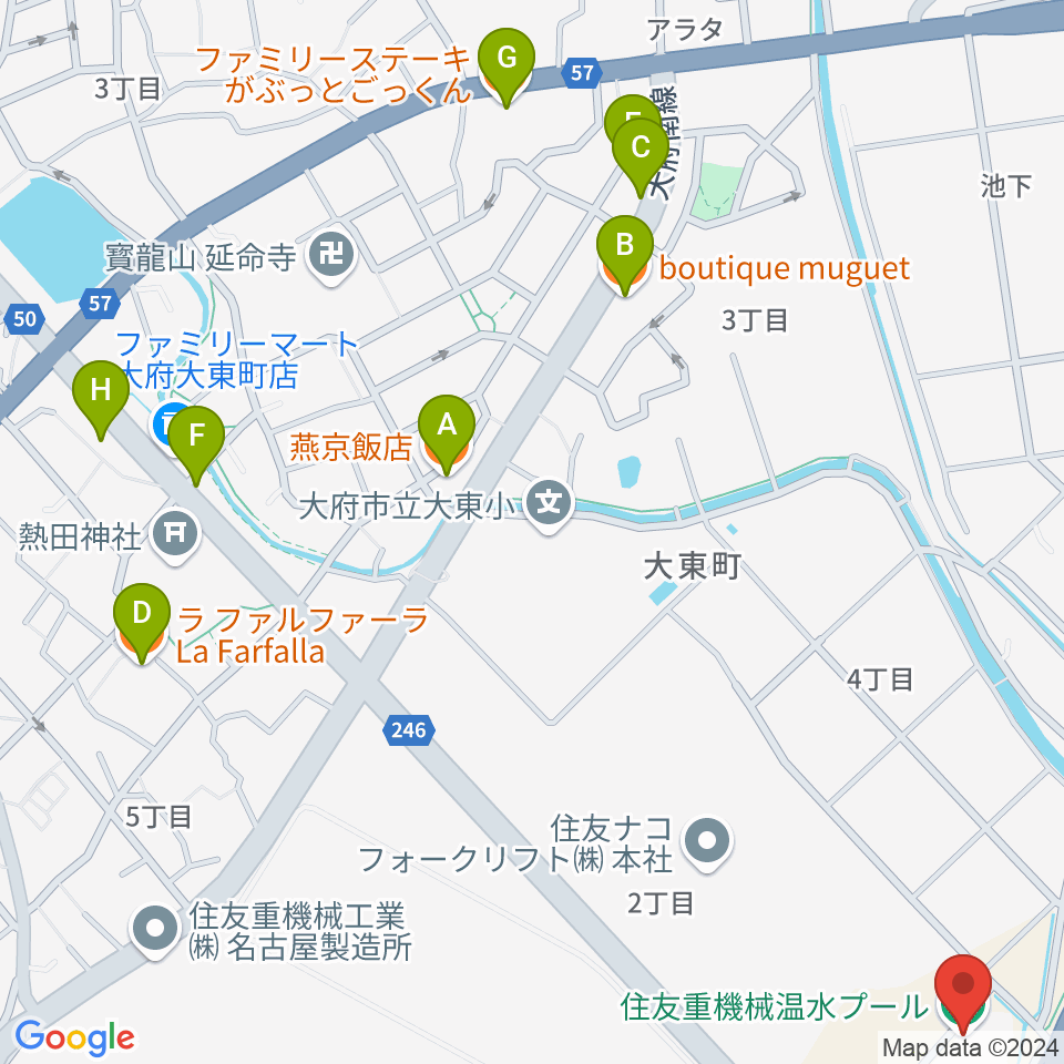 住友重機械温水プール周辺のファミレス・ファーストフード一覧地図