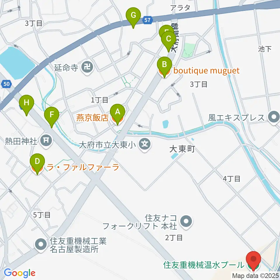 住友重機械温水プール周辺のファミレス・ファーストフード一覧地図