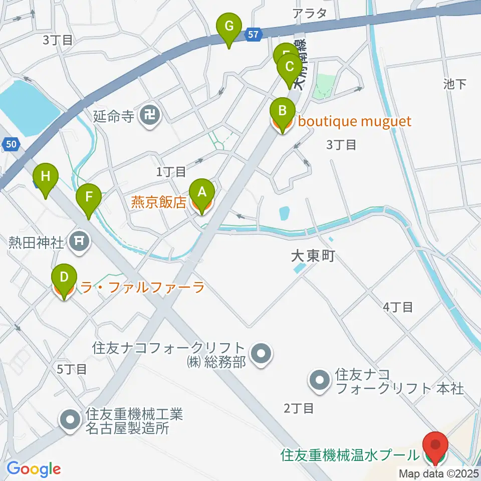 住友重機械温水プール周辺のファミレス・ファーストフード一覧地図