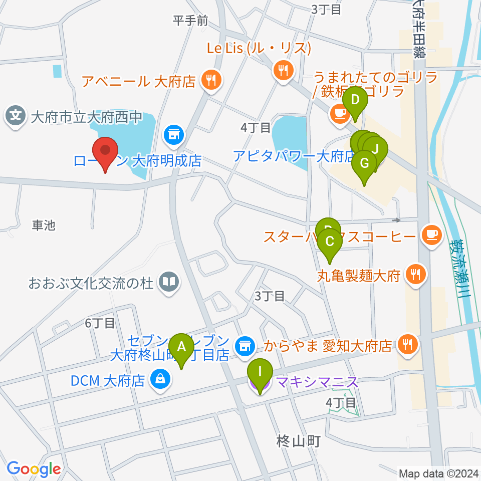 ナルキュウ体育センター周辺のファミレス・ファーストフード一覧地図