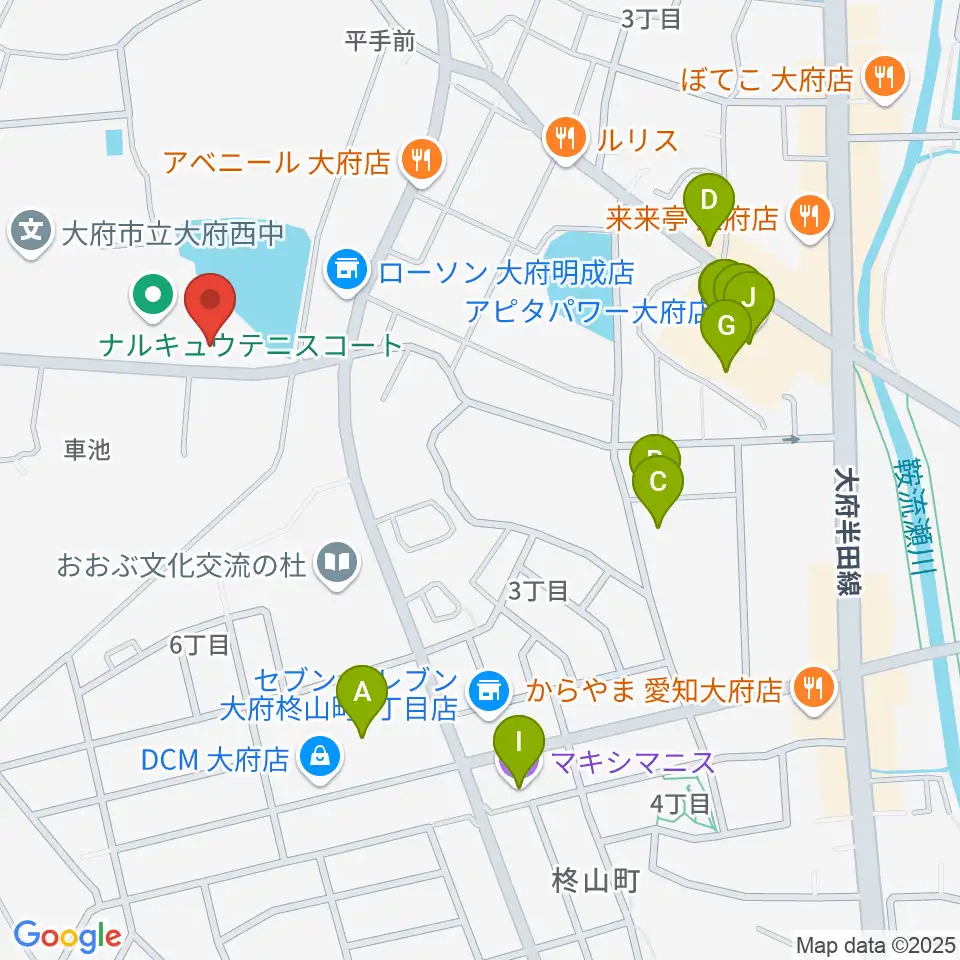 ナルキュウ体育センター周辺のファミレス・ファーストフード一覧地図