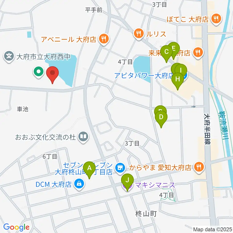 ナルキュウ体育センター周辺のファミレス・ファーストフード一覧地図