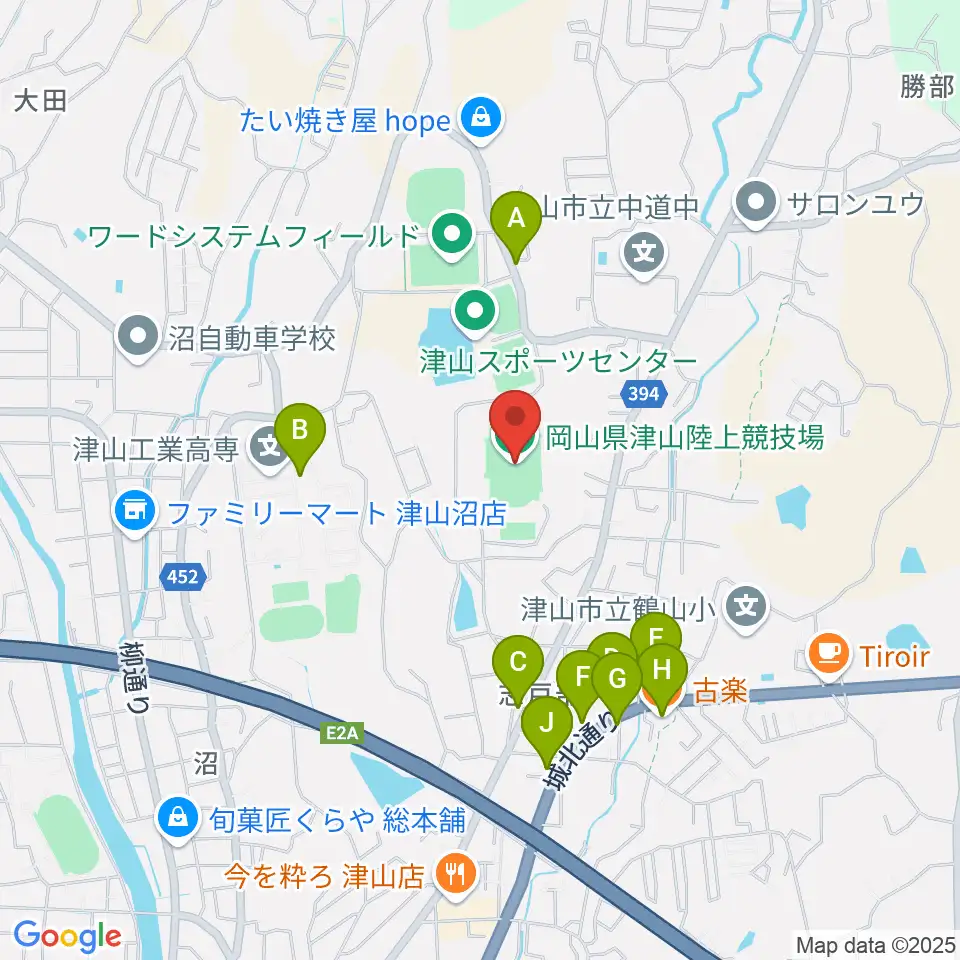 岡山県津山陸上競技場周辺のファミレス・ファーストフード一覧地図