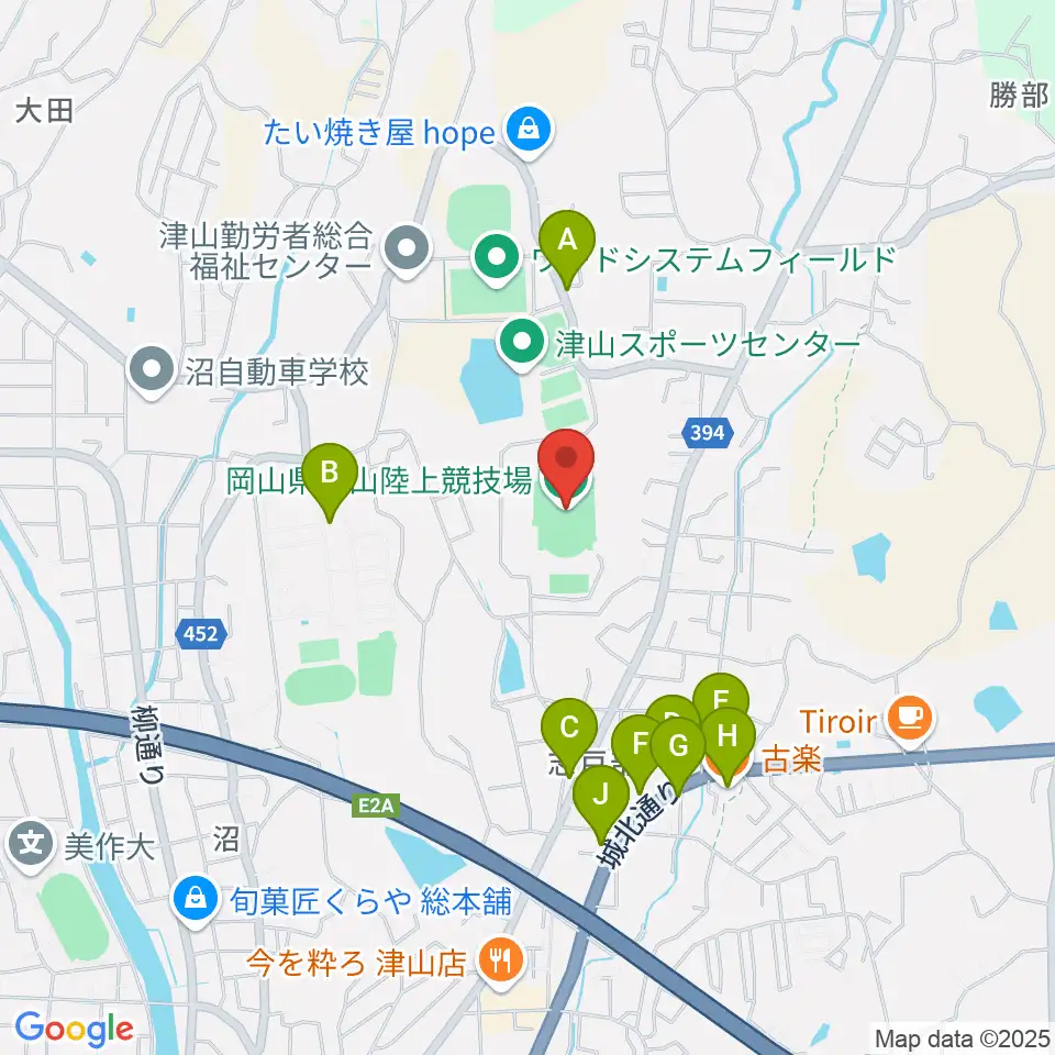 岡山県津山陸上競技場周辺のファミレス・ファーストフード一覧地図