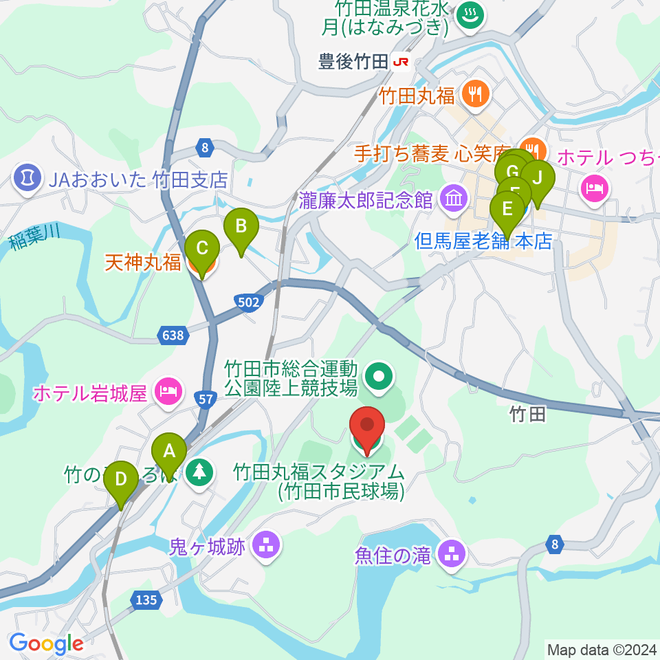 竹田丸福スタジアム周辺のファミレス・ファーストフード一覧地図