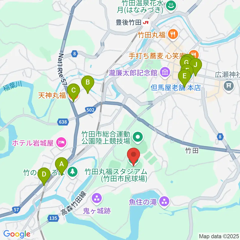 竹田丸福スタジアム周辺のファミレス・ファーストフード一覧地図