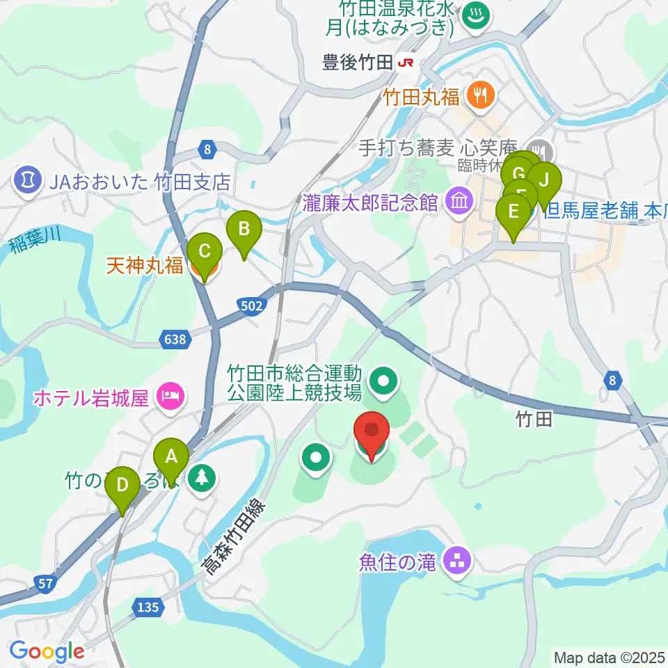 竹田丸福スタジアム周辺のファミレス・ファーストフード一覧地図