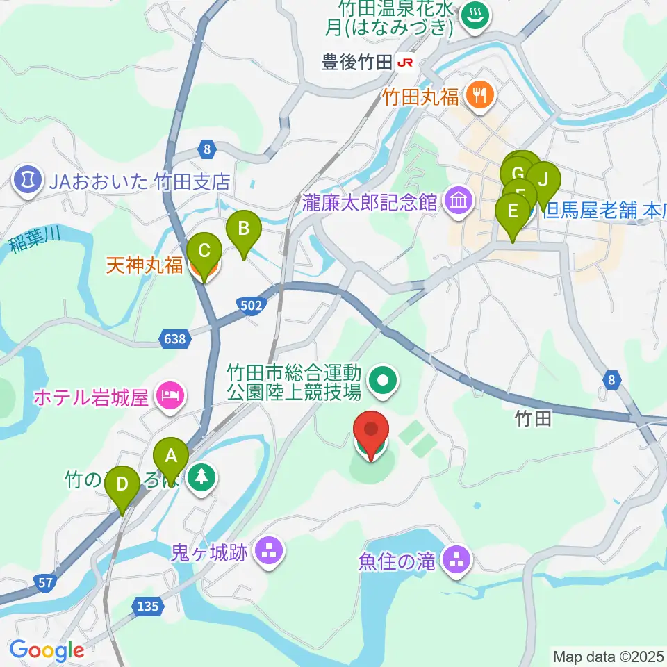 竹田丸福スタジアム周辺のファミレス・ファーストフード一覧地図