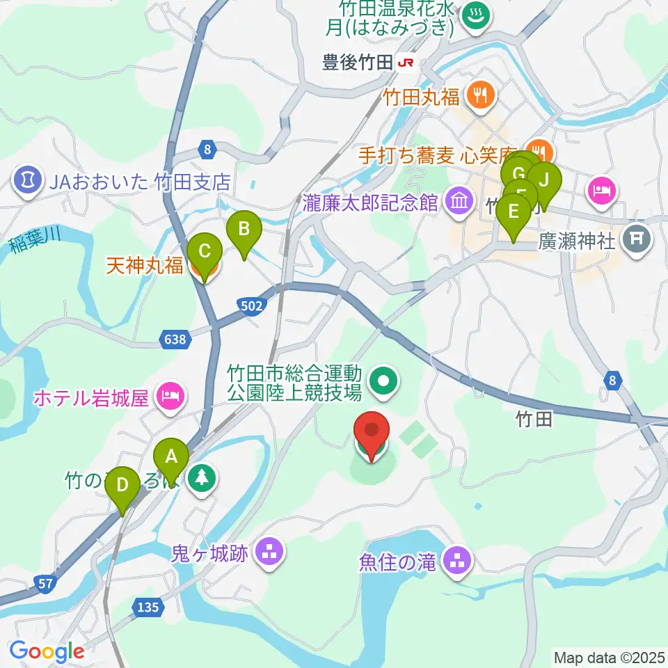 竹田丸福スタジアム周辺のファミレス・ファーストフード一覧地図