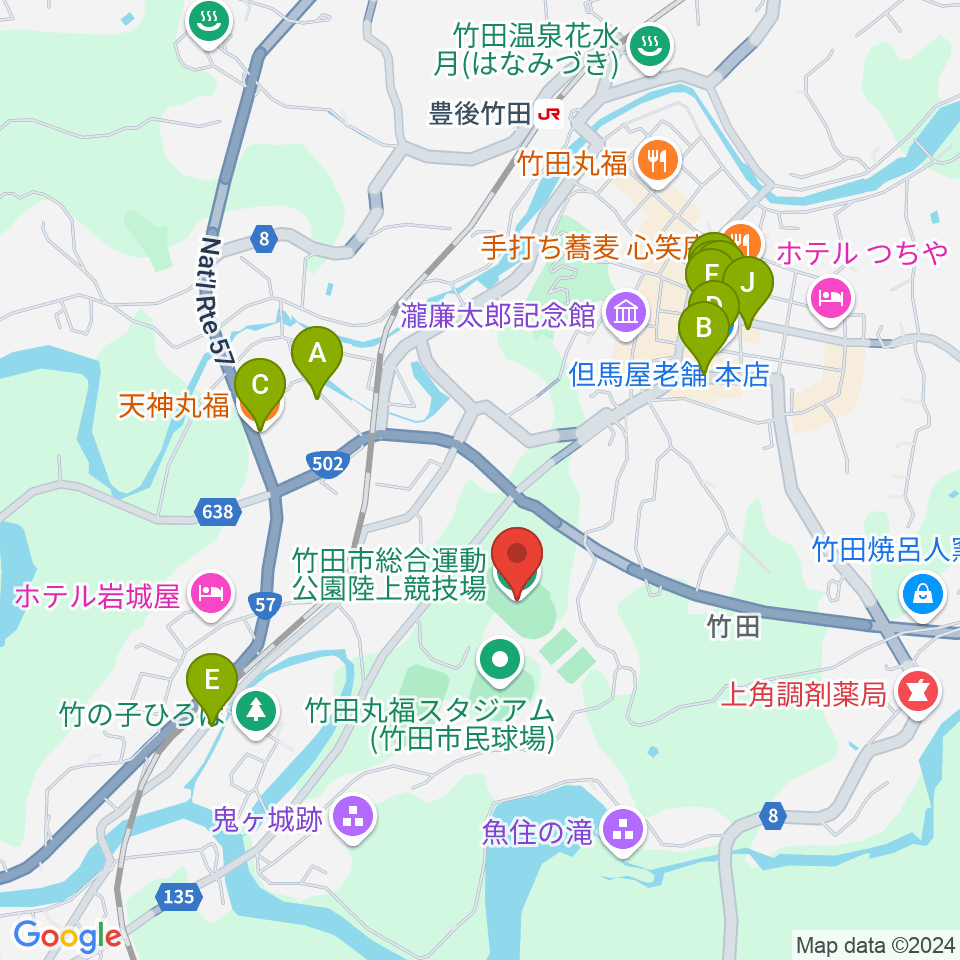 竹田丸福陸上競技場周辺のファミレス・ファーストフード一覧地図