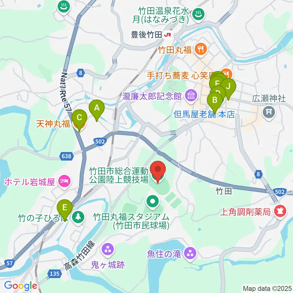 竹田丸福陸上競技場周辺のファミレス・ファーストフード一覧地図