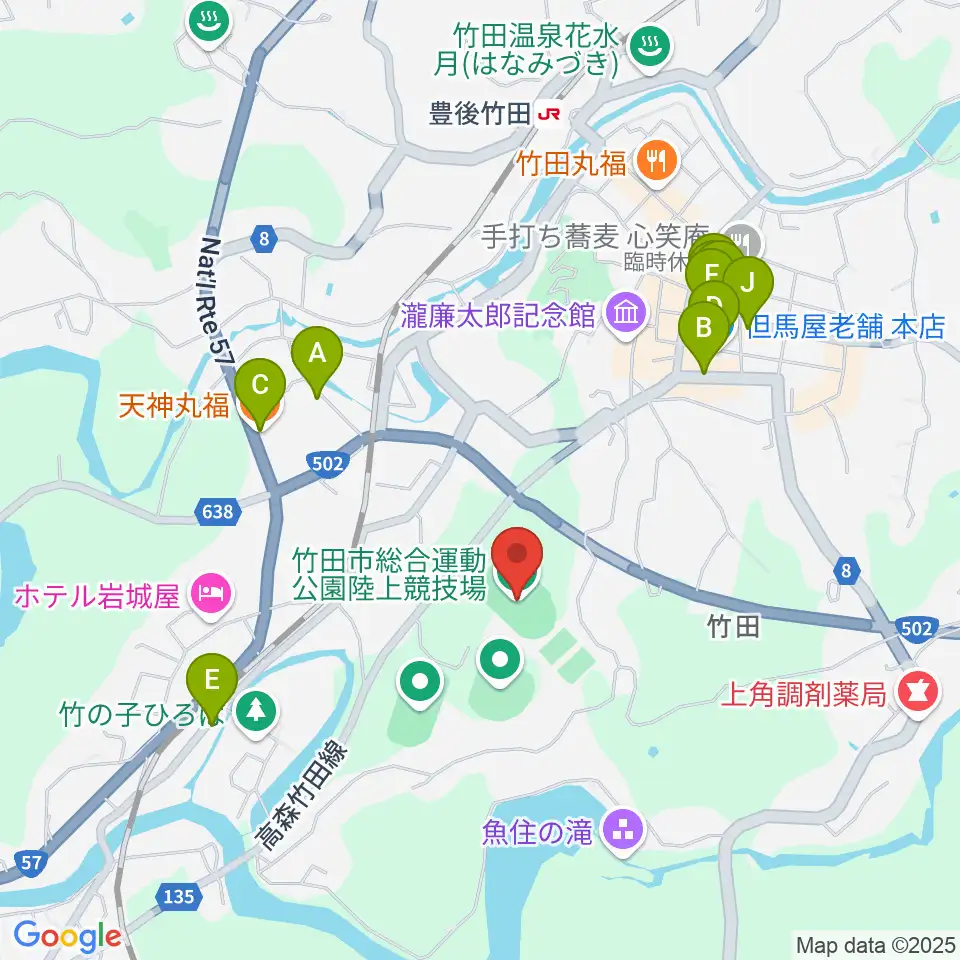 竹田丸福陸上競技場周辺のファミレス・ファーストフード一覧地図