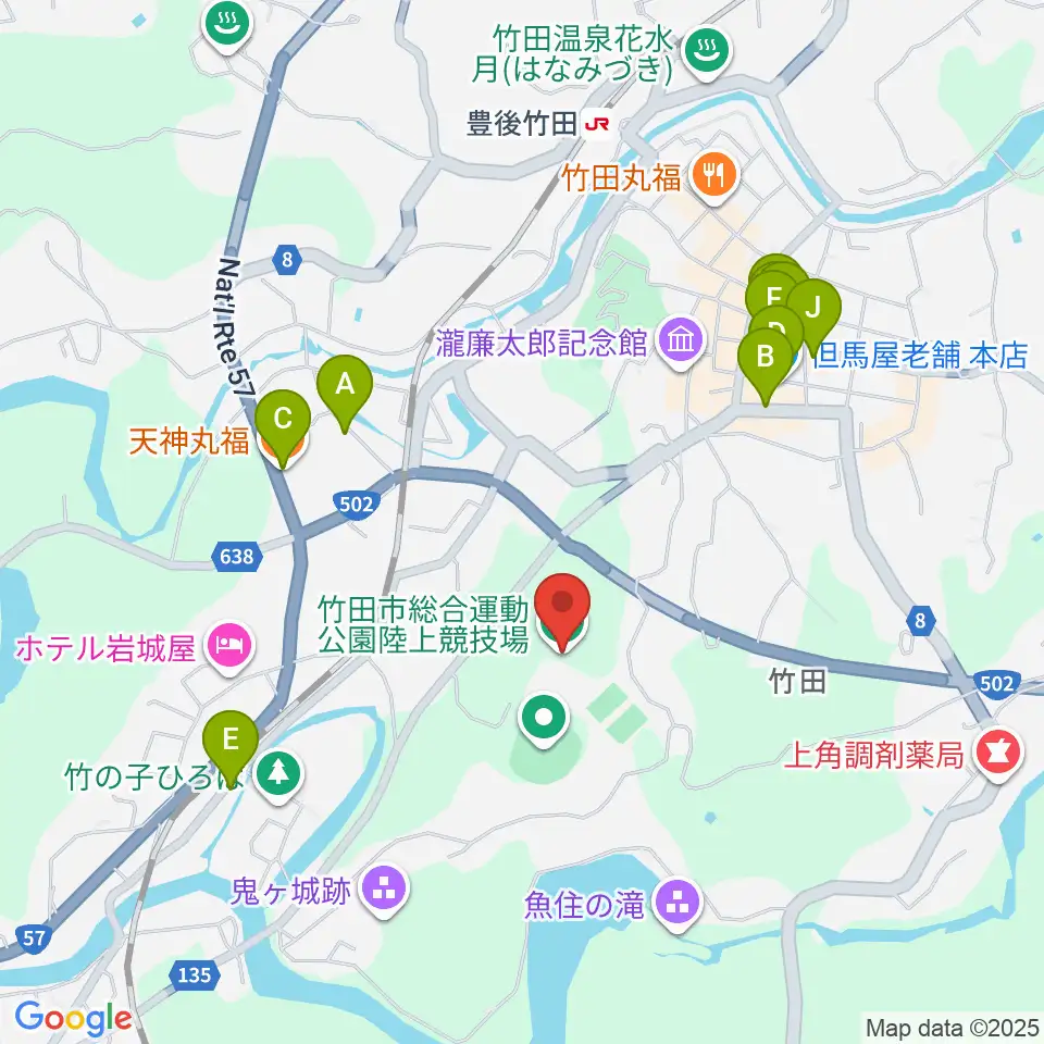 竹田丸福陸上競技場周辺のファミレス・ファーストフード一覧地図