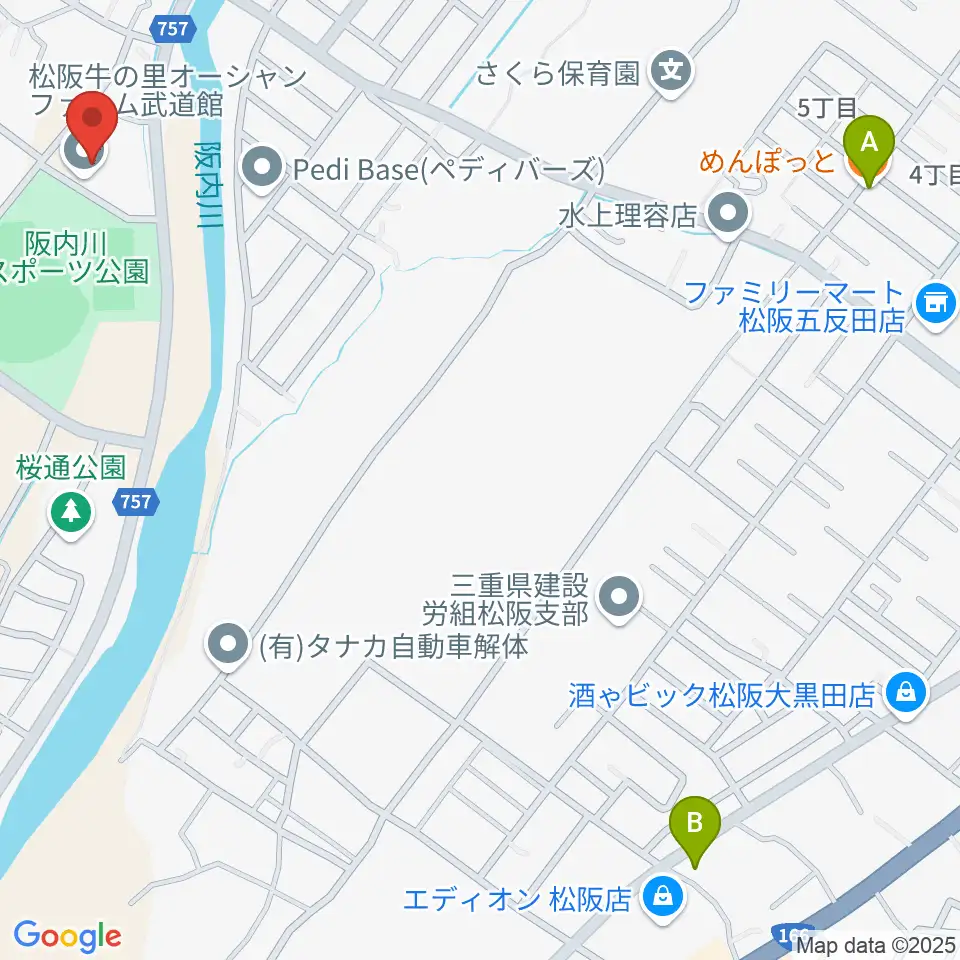 松阪牛の里オーシャンファーム武道館周辺のファミレス・ファーストフード一覧地図