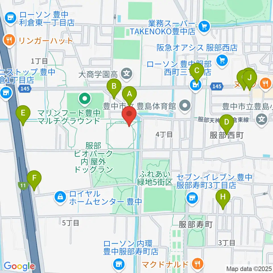 マリンフード豊中スイミングスタジアム周辺のファミレス・ファーストフード一覧地図