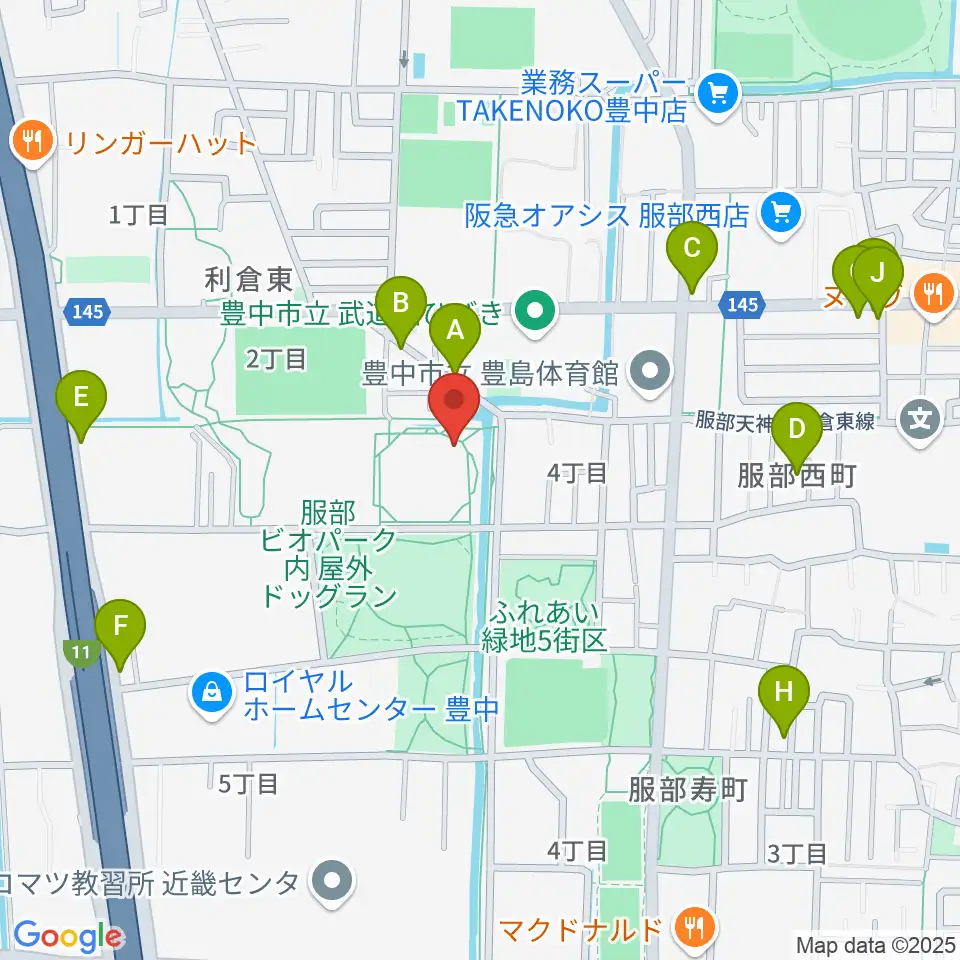マリンフード豊中スイミングスタジアム周辺のファミレス・ファーストフード一覧地図