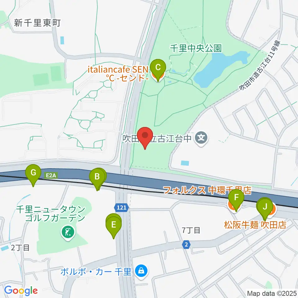 豊泉家千里体育館周辺のファミレス・ファーストフード一覧地図