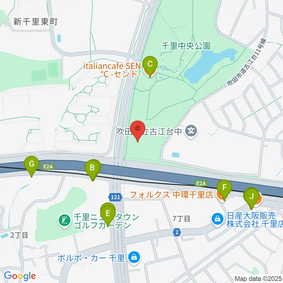 豊泉家千里体育館周辺のファミレス・ファーストフード一覧地図