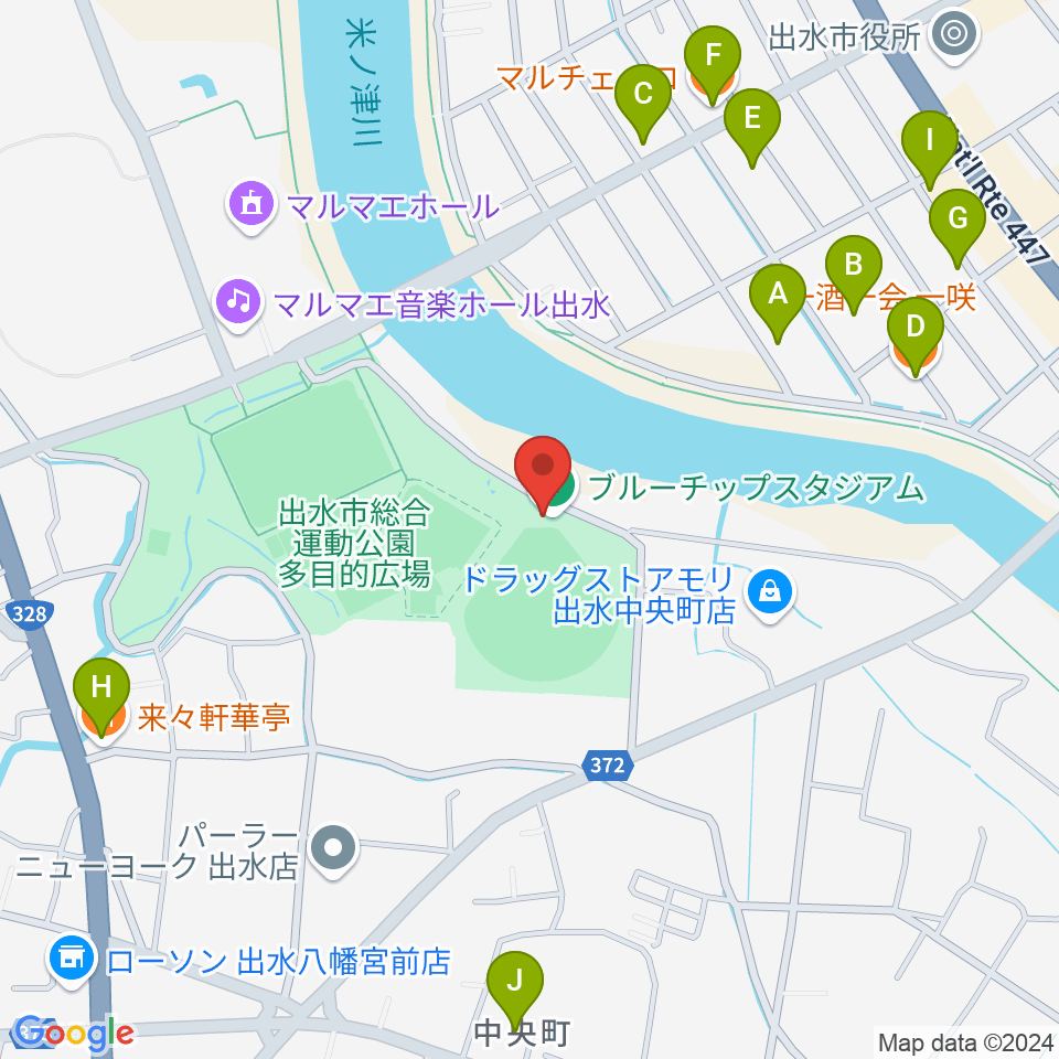 ブルーチップスタジアム周辺のファミレス・ファーストフード一覧地図