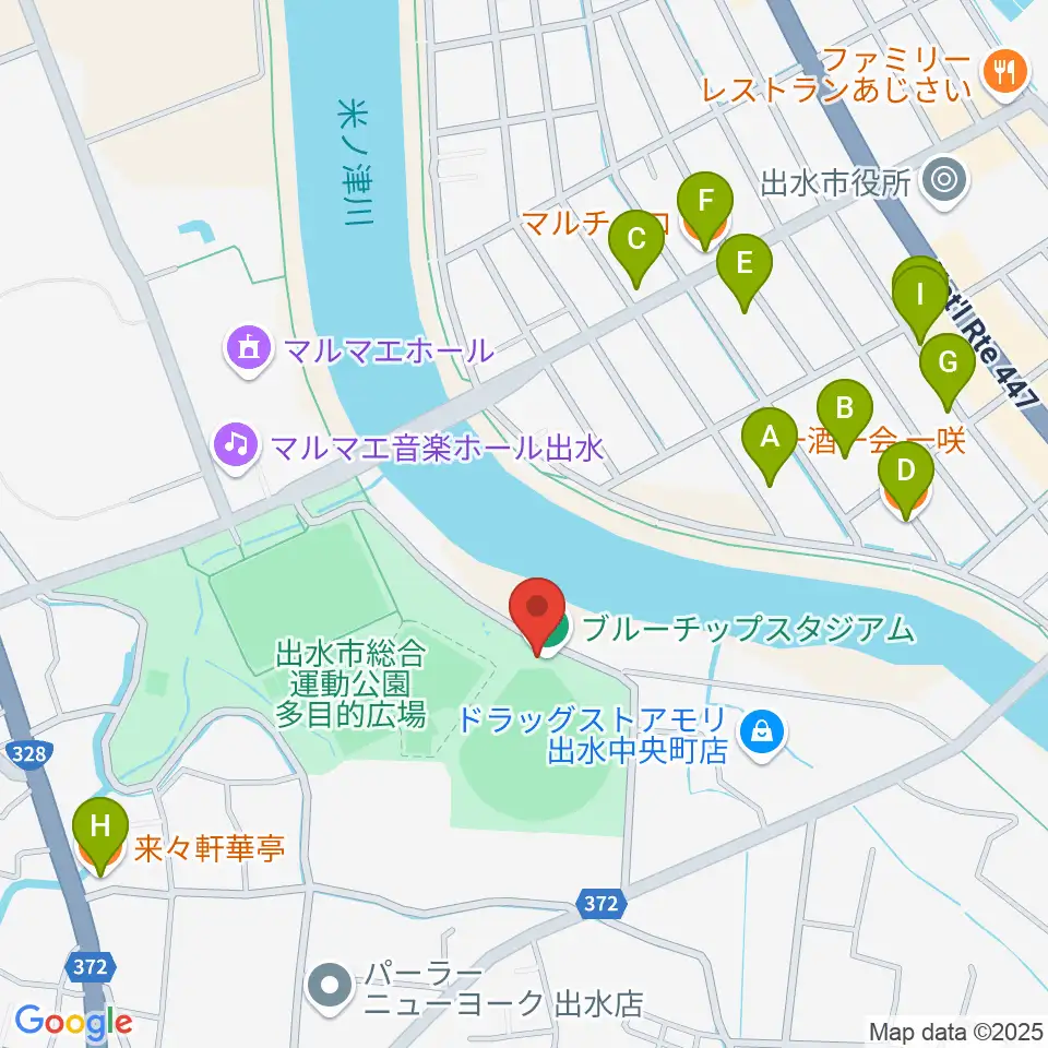 ブルーチップスタジアム周辺のファミレス・ファーストフード一覧地図