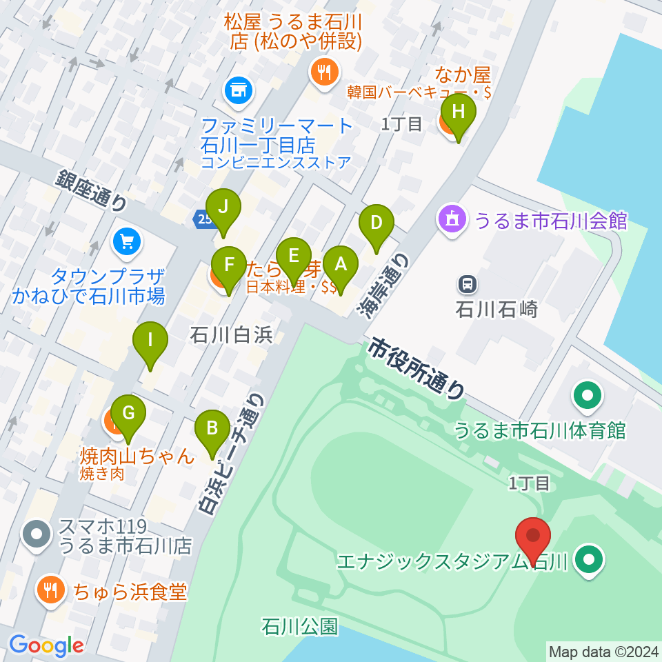 エナジックスタジアム石川周辺のファミレス・ファーストフード一覧地図