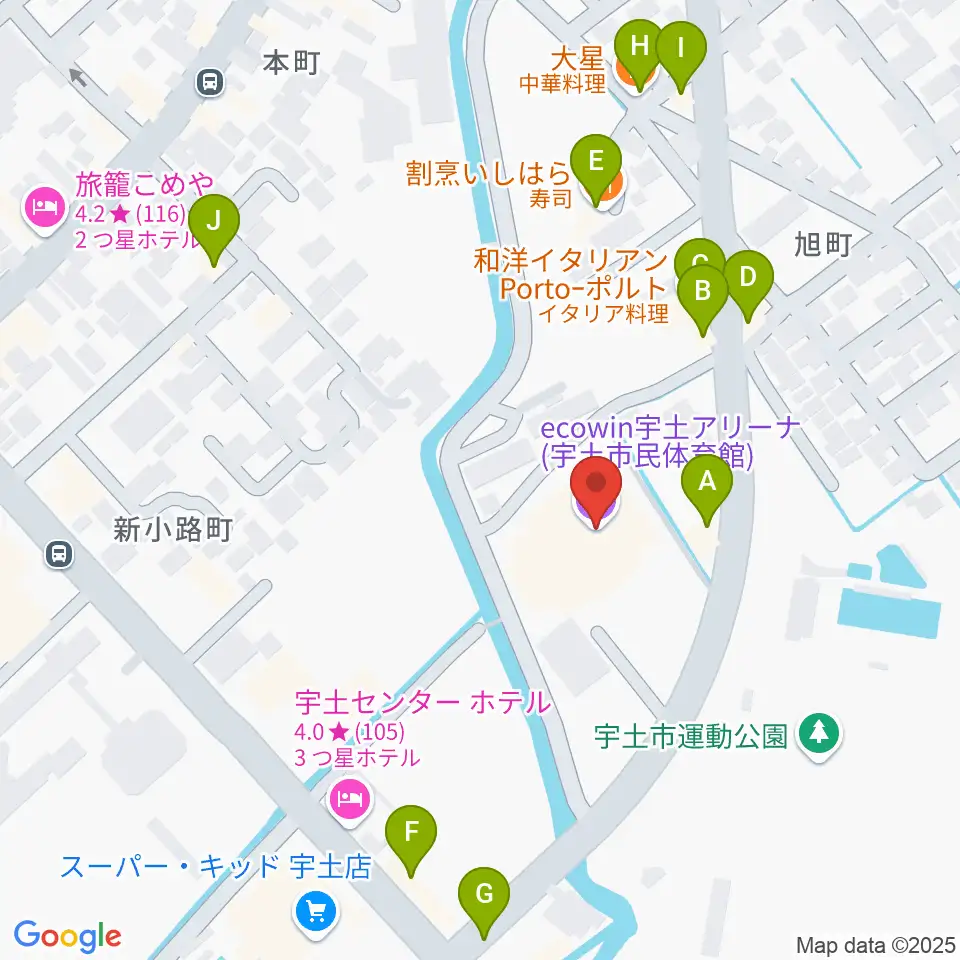 ecowin宇土アリーナ周辺のファミレス・ファーストフード一覧地図