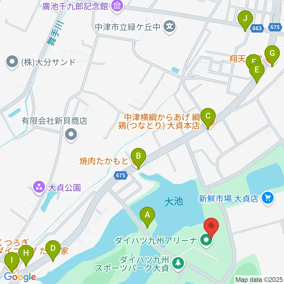 ダイハツ九州アリーナ周辺のファミレス・ファーストフード一覧地図