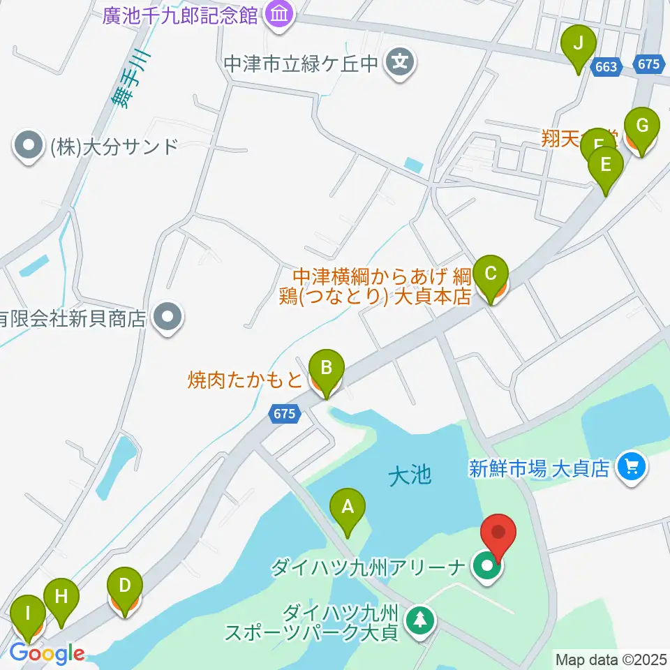 ダイハツ九州アリーナ周辺のファミレス・ファーストフード一覧地図