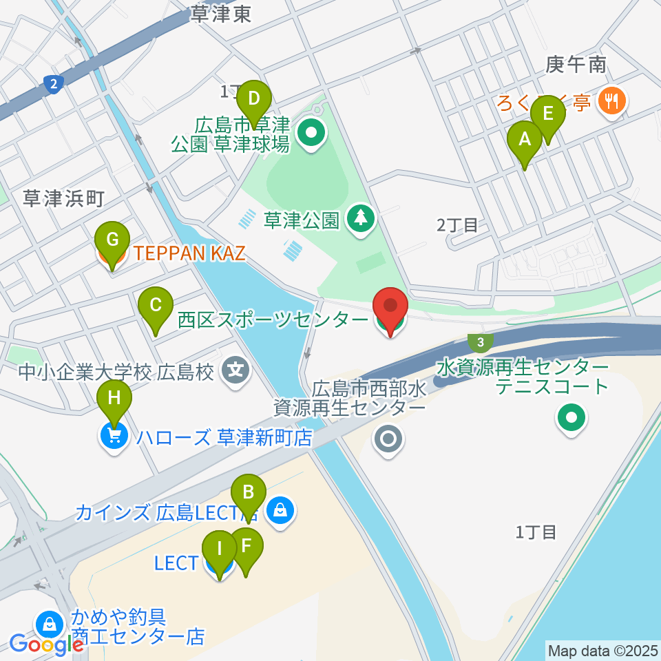 広島市西区スポーツセンター周辺のファミレス・ファーストフード一覧地図