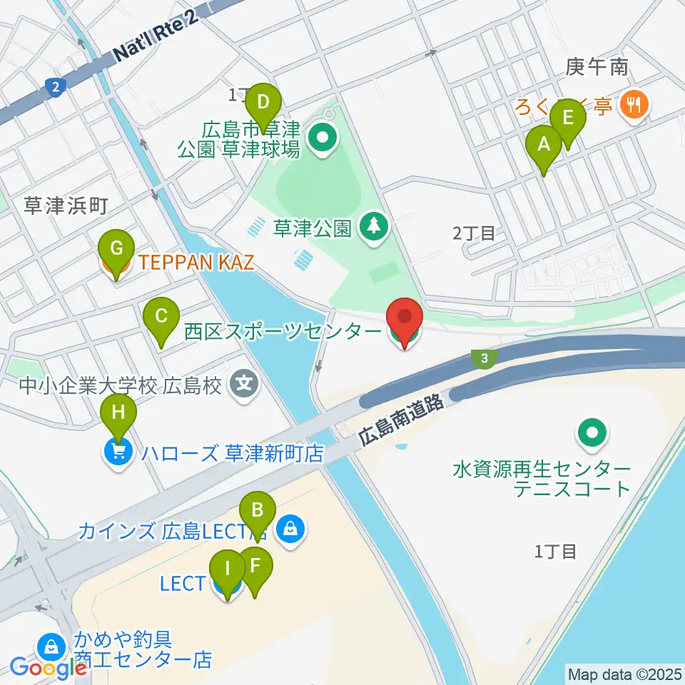 広島市西区スポーツセンター周辺のファミレス・ファーストフード一覧地図