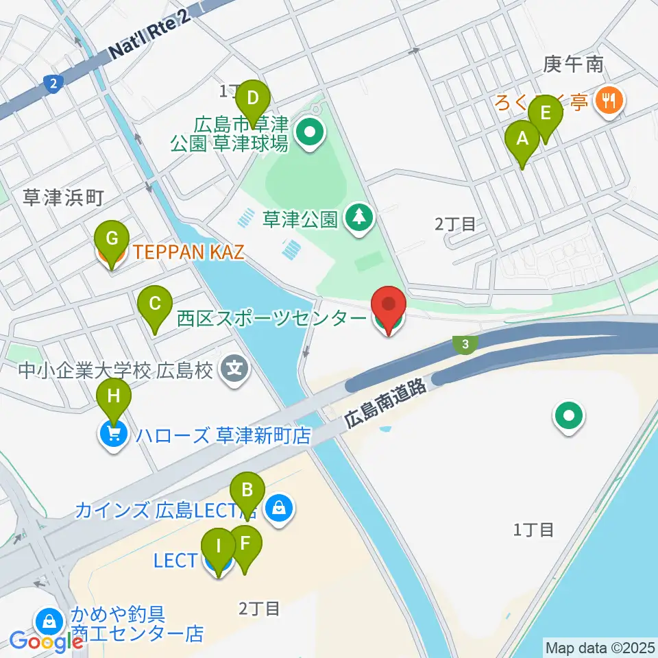 広島市西区スポーツセンター周辺のファミレス・ファーストフード一覧地図