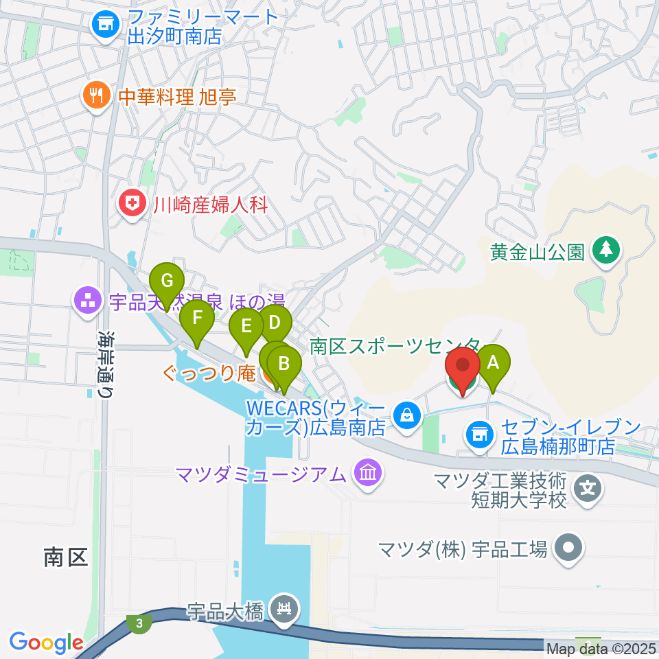 広島市南区スポーツセンター周辺のファミレス・ファーストフード一覧地図