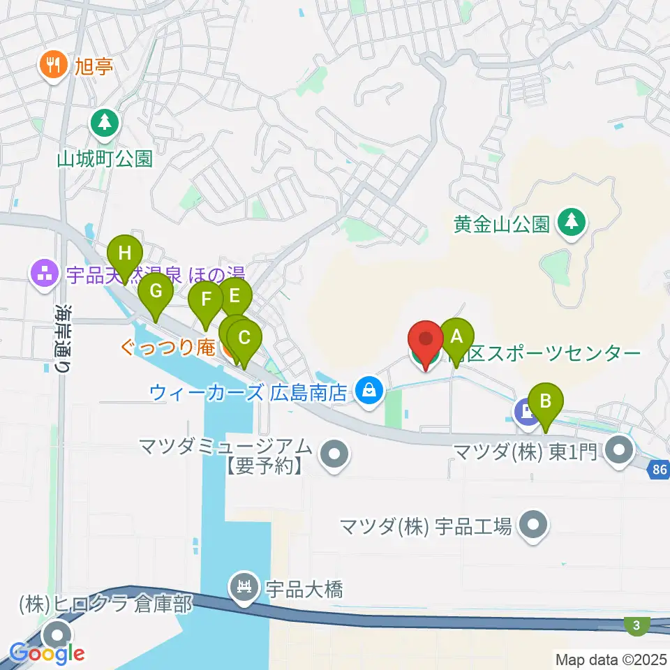 広島市南区スポーツセンター周辺のファミレス・ファーストフード一覧地図