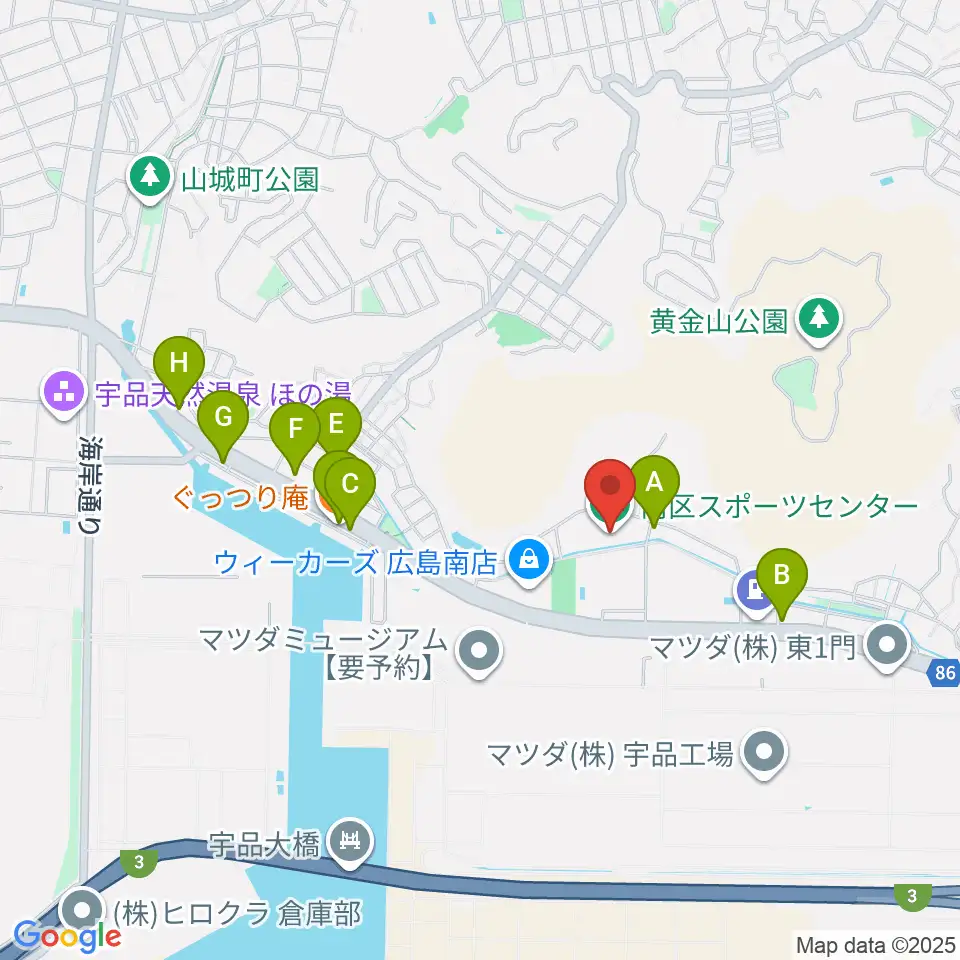 広島市南区スポーツセンター周辺のファミレス・ファーストフード一覧地図
