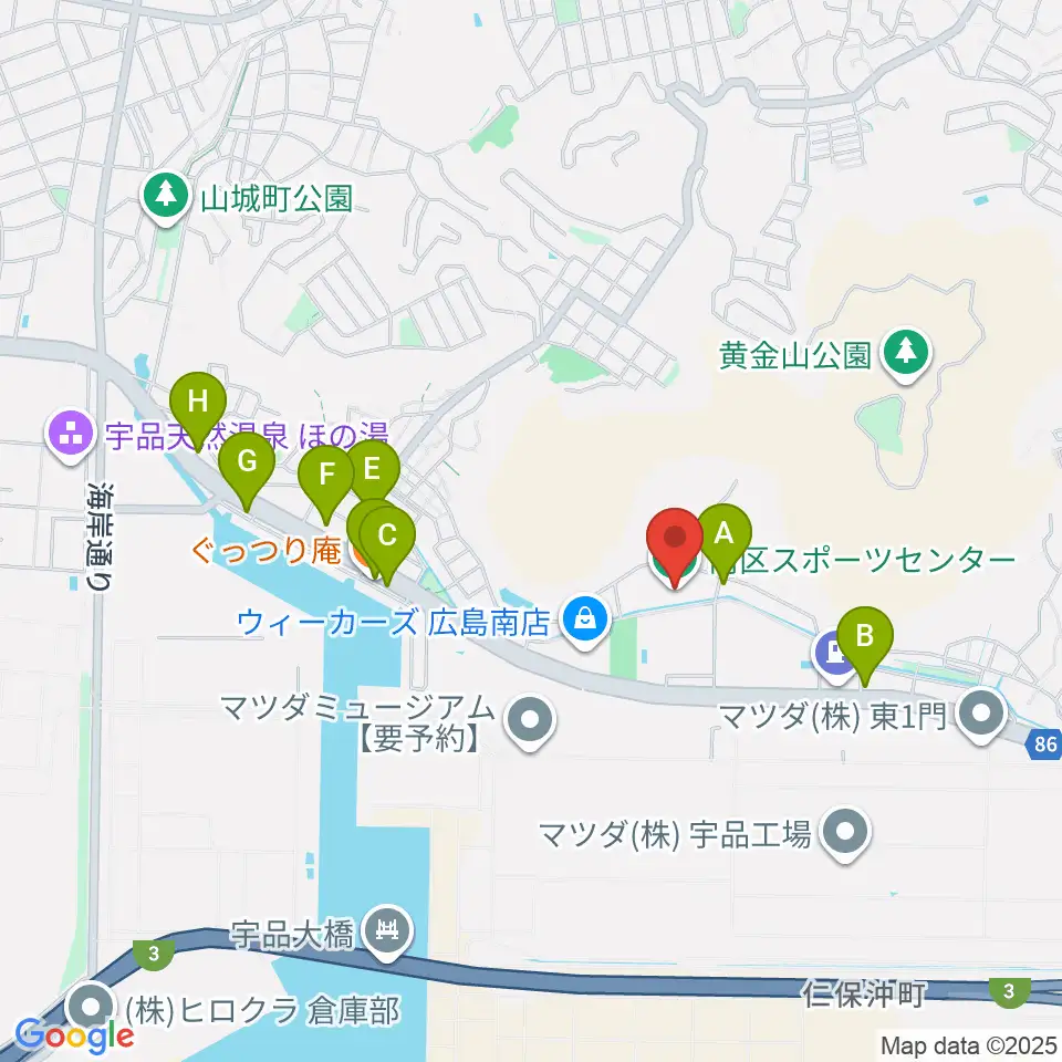 広島市南区スポーツセンター周辺のファミレス・ファーストフード一覧地図