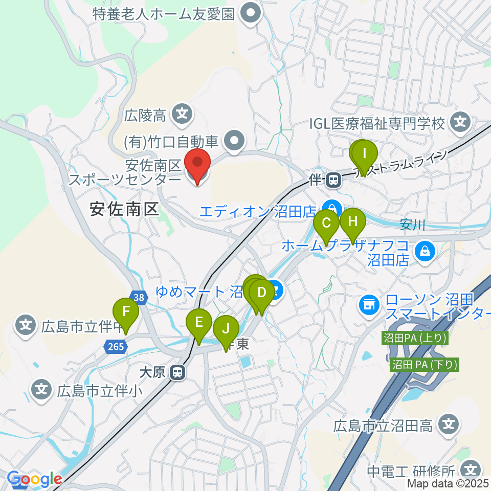 広島市安佐南区スポーツセンター周辺のファミレス・ファーストフード一覧地図