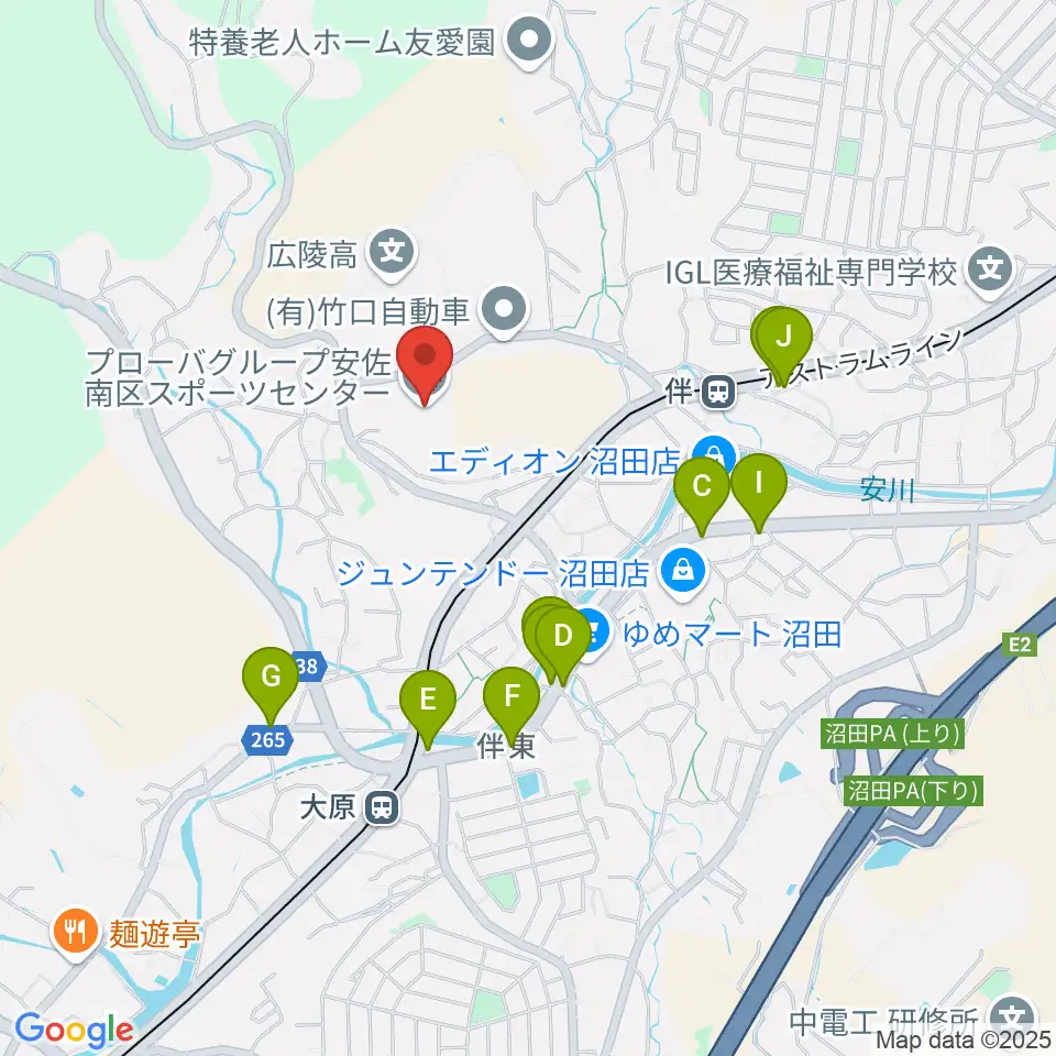 プローバグループ安佐南区スポーツセンター周辺のファミレス・ファーストフード一覧地図