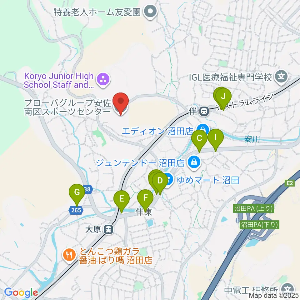 プローバグループ安佐南区スポーツセンター周辺のファミレス・ファーストフード一覧地図