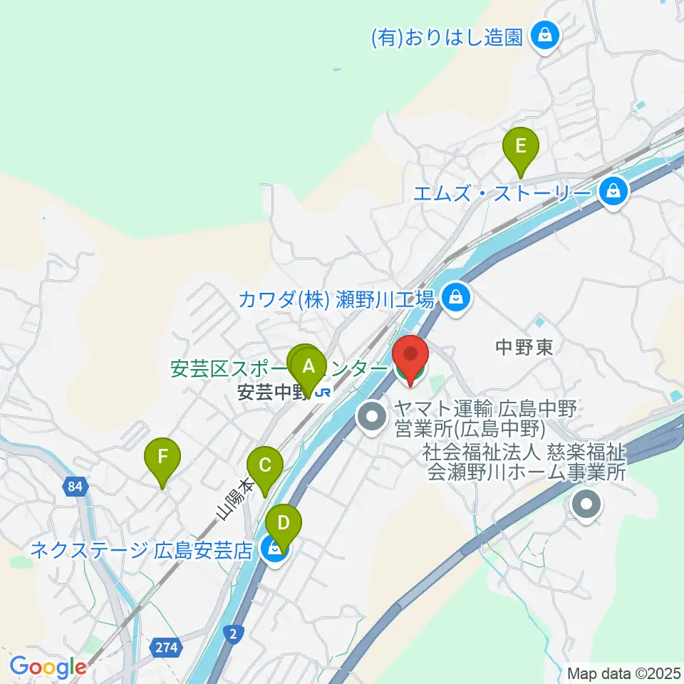 広島市安芸区スポーツセンター周辺のファミレス・ファーストフード一覧地図