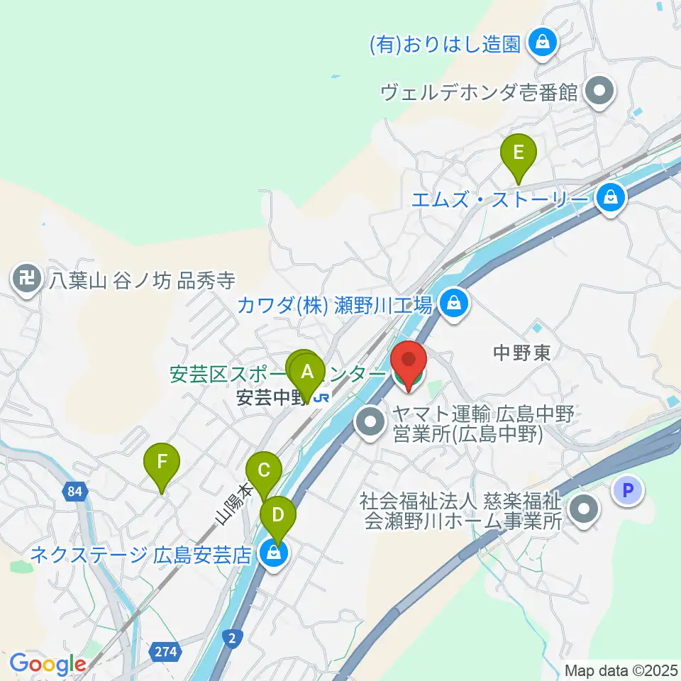 広島市安芸区スポーツセンター周辺のファミレス・ファーストフード一覧地図