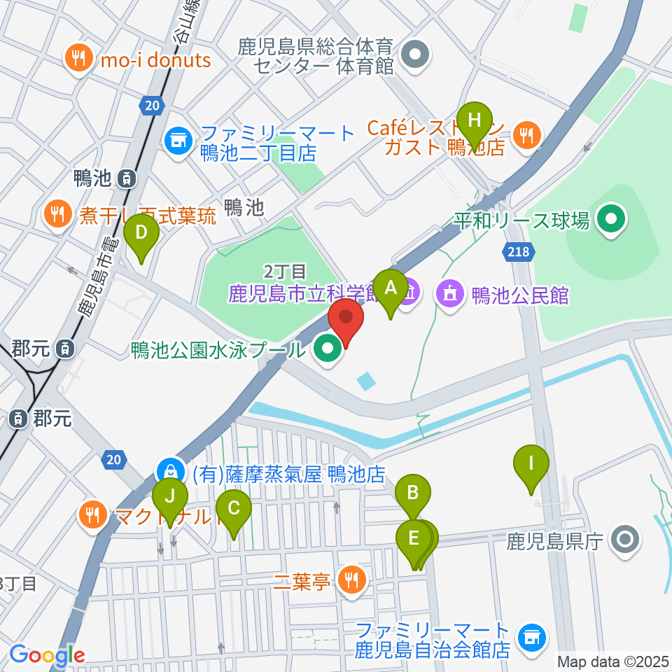 鴨池公園水泳プール周辺のファミレス・ファーストフード一覧地図