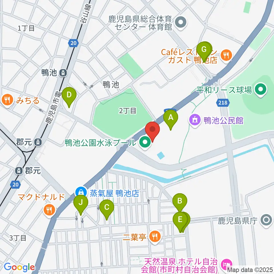 鴨池公園水泳プール周辺のファミレス・ファーストフード一覧地図