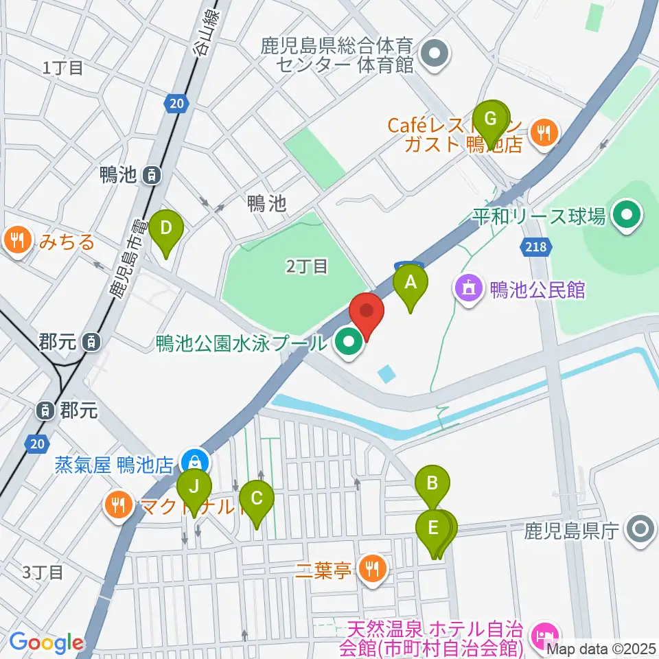 鴨池公園水泳プール周辺のファミレス・ファーストフード一覧地図