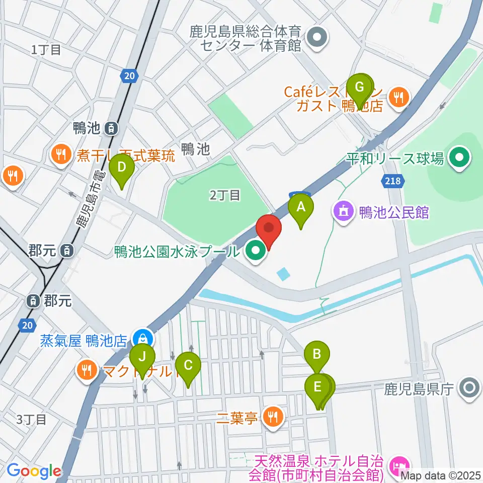 鴨池公園水泳プール周辺のファミレス・ファーストフード一覧地図