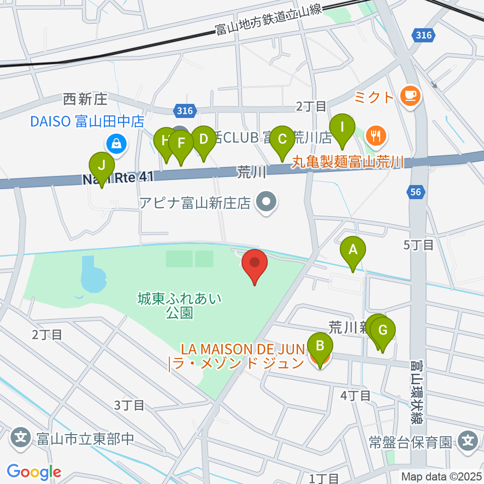 富山市民プール周辺のファミレス・ファーストフード一覧地図