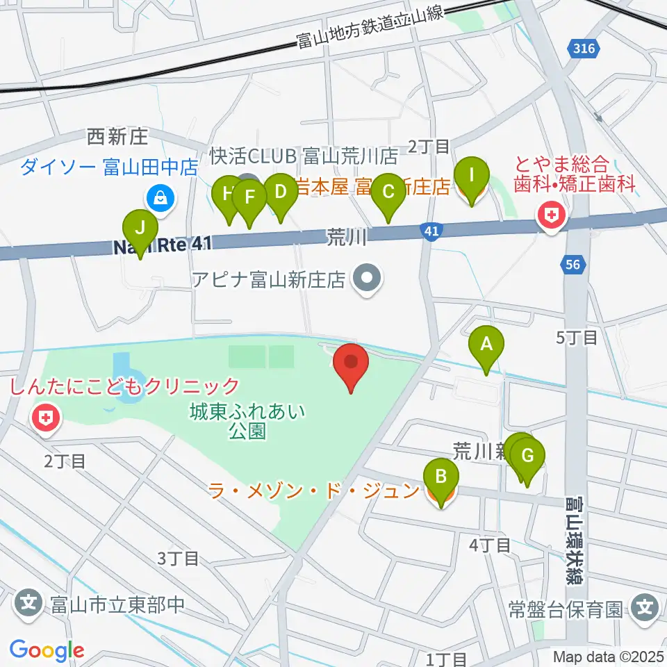 富山市民プール周辺のファミレス・ファーストフード一覧地図